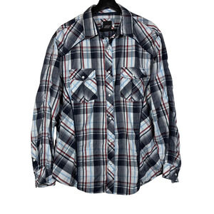 Pearl Snap Shirt Various Artists Blue Red White Plaid L Men Seam Long Sleeve